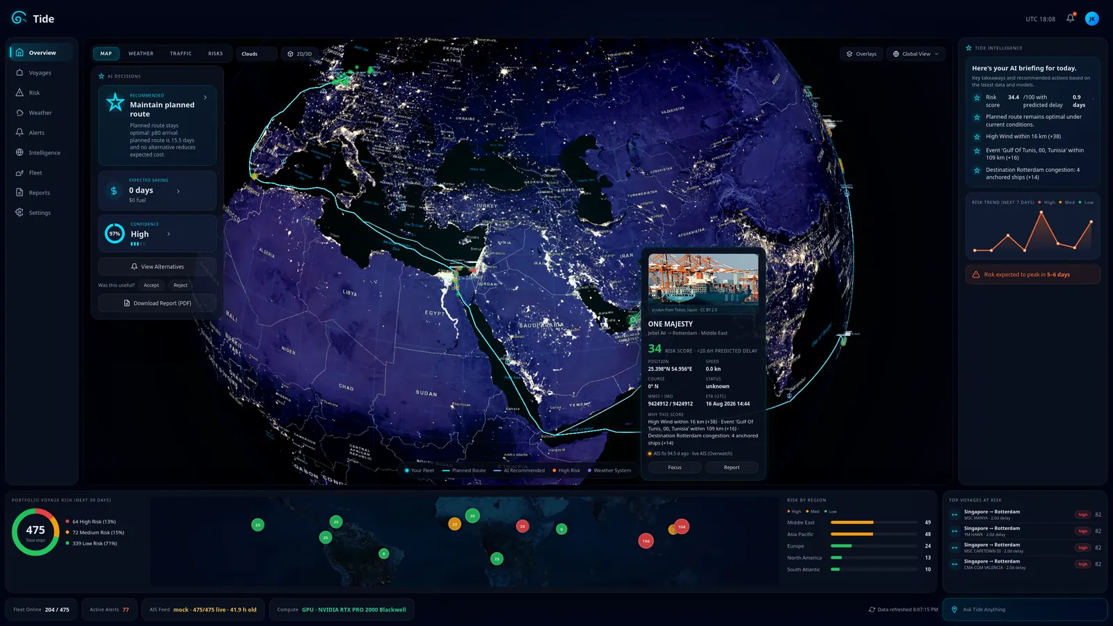 Tide command center: a 3D globe with fleet positions, an AI decision card and a daily briefing panel