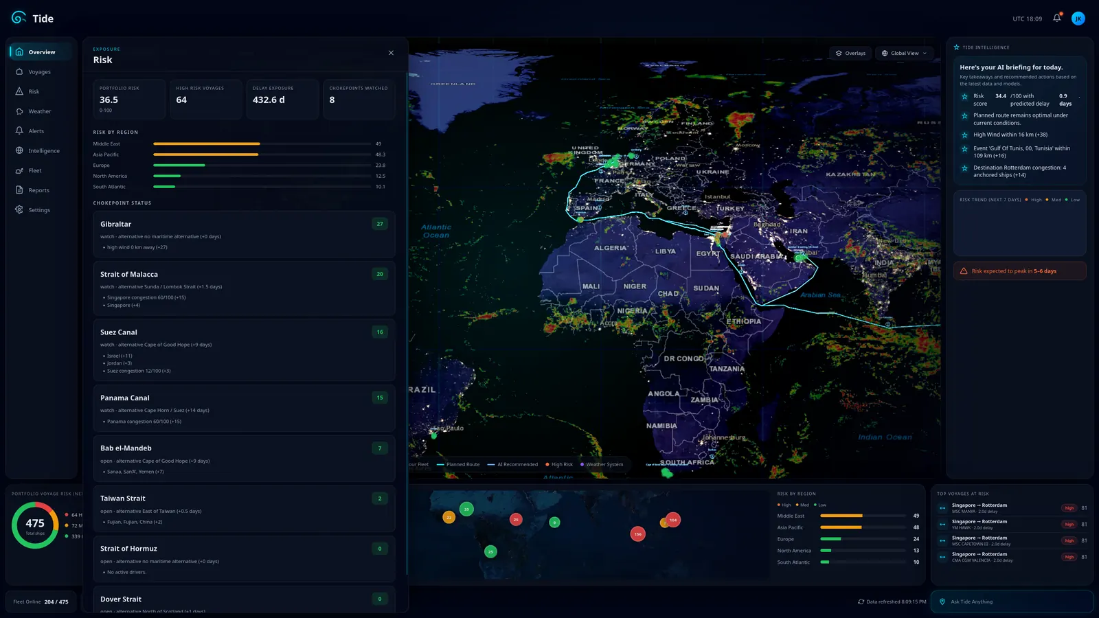 Tide risk panel: portfolio risk, risk by region and the status of watched chokepoints