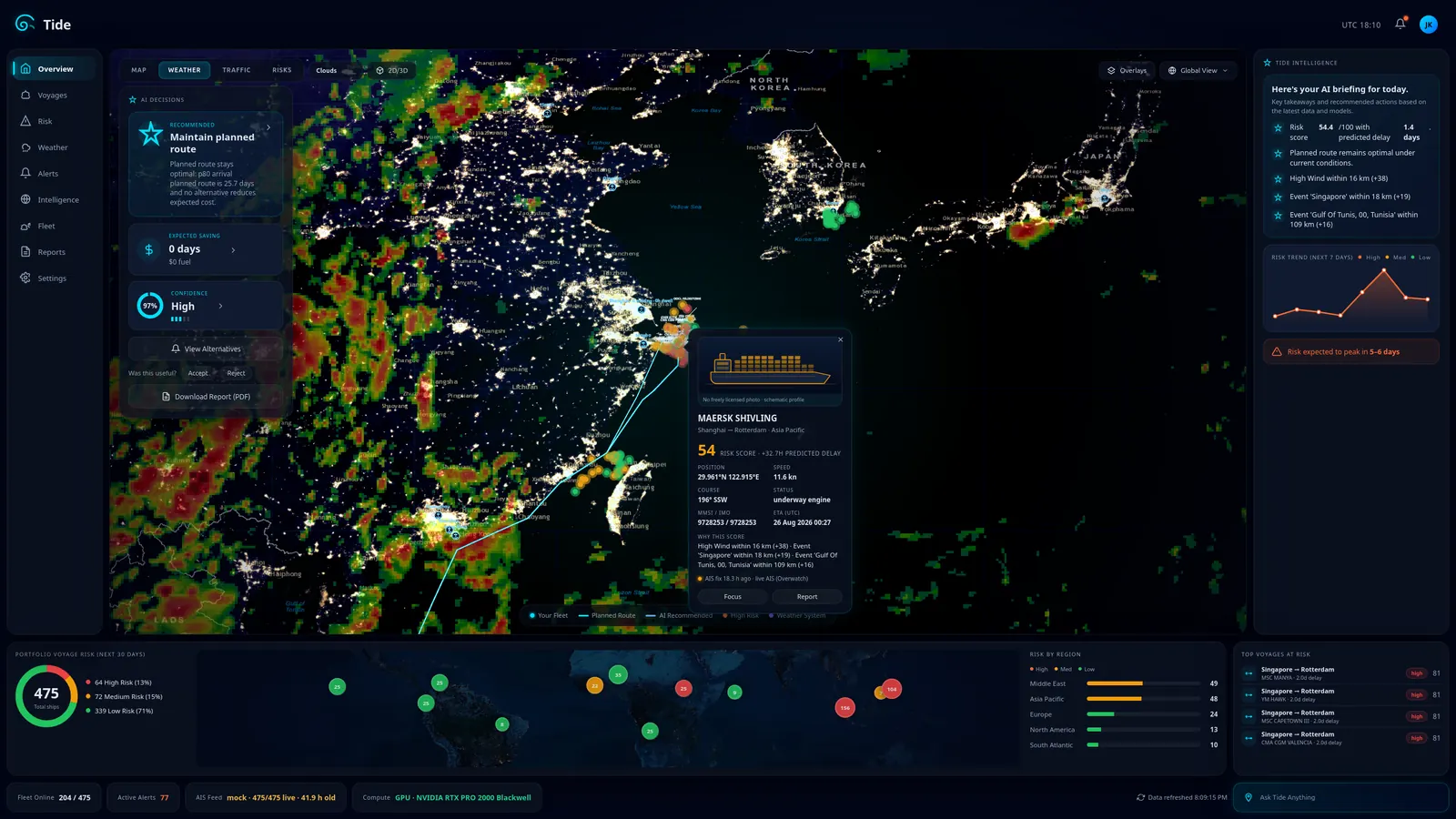 Tide weather layer over East Asia with a selected vessel and its risk breakdown